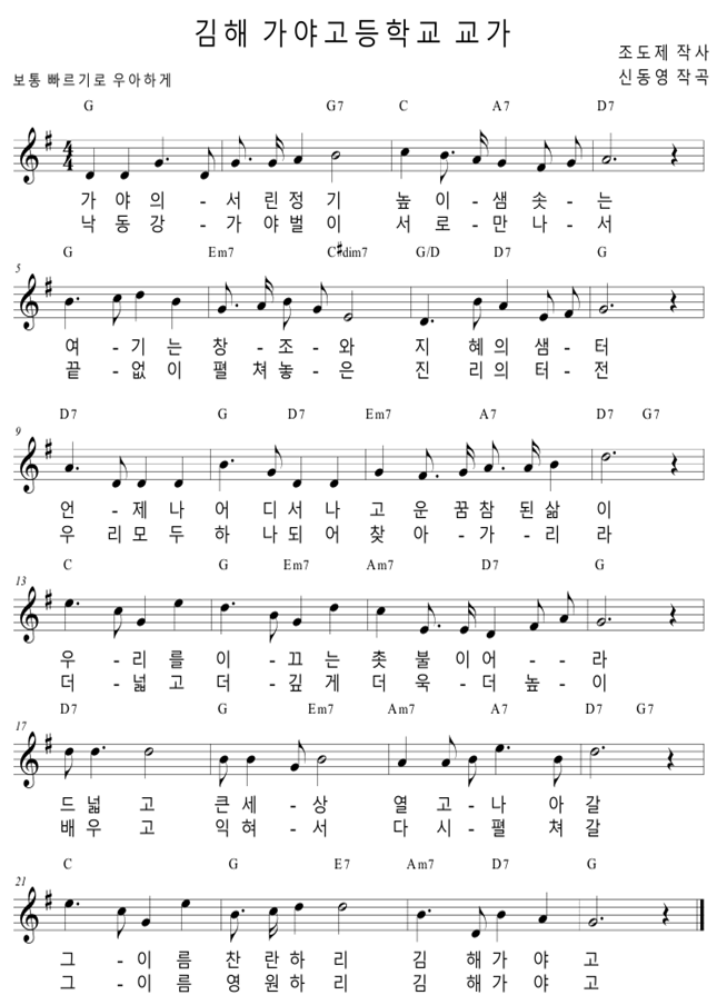 가야의 서린 정기 높이 샘솟는
여기는 창조화 지혜의 샘터
언제나 어디서나 고운꿈 참된 삶이
 우리를 이끄는 촛불이어라
더 넓고 큰 세상 열고 나아갈
그 이름 찬란하리 김해 가야고

낙동간 서린 정기 높이 샘솟는
끝없이 펼쳐넣은 질리의 터전
우리모두 하나되어 찾아가리라
더 넙고 더 깊이 더욱 더 높이
배우고 익혀서 다시 펼쳐갈
그 이름 영원하리 김해 가야고